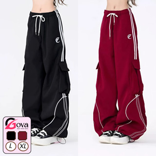 (Có Size) Quần Dù Ống Rộng Lưng Thun Túi Hộp, Quần Jogger Lưng Cao Ống Suông Nữ Chạy Sọc Viền Màu Đen Đỏ GOVA QU26
