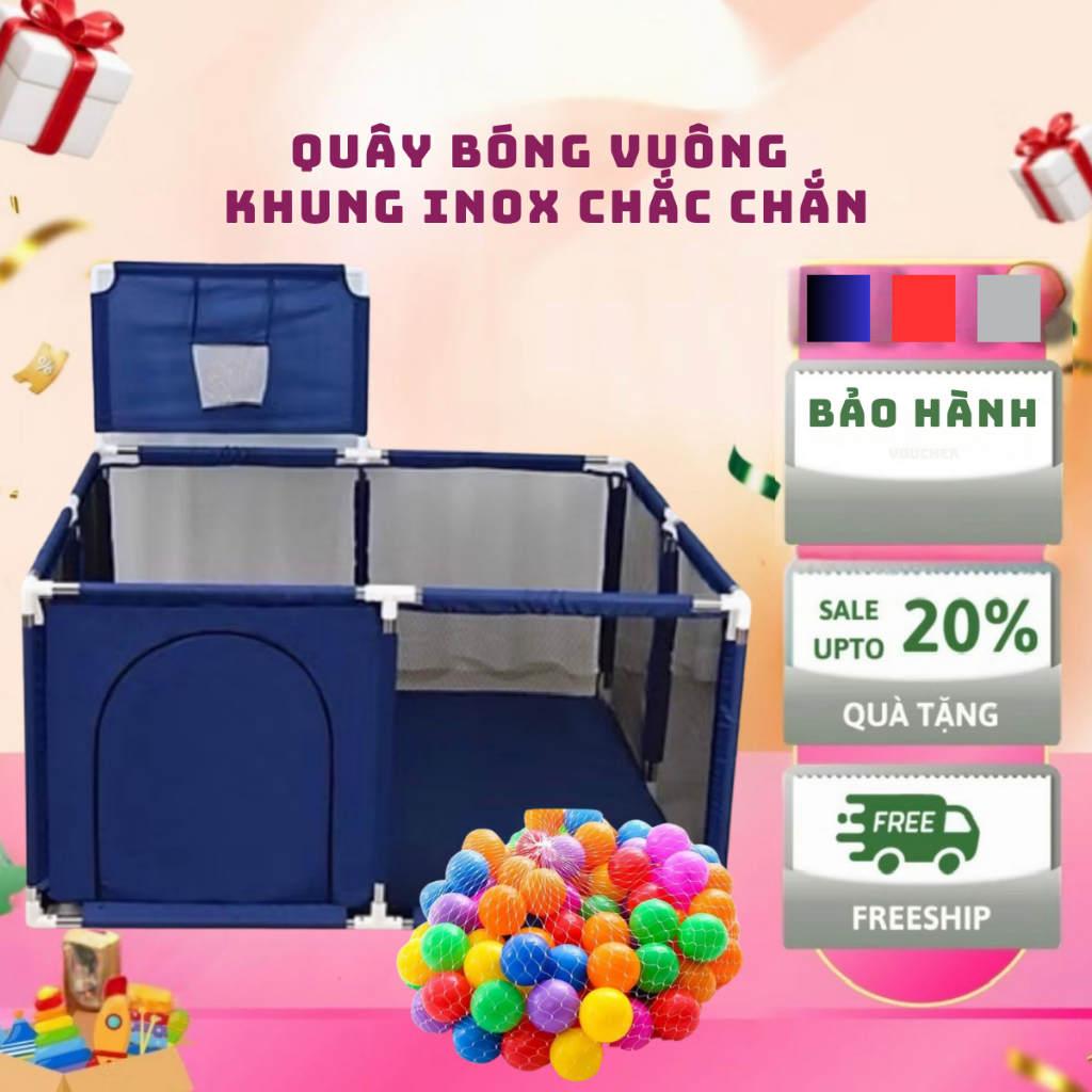 [ Quà Tặng ] Quây bóng vuông khung inox chắc chắn KT 65cm*128cm*128cm cho 3-4 bé cùng chơi