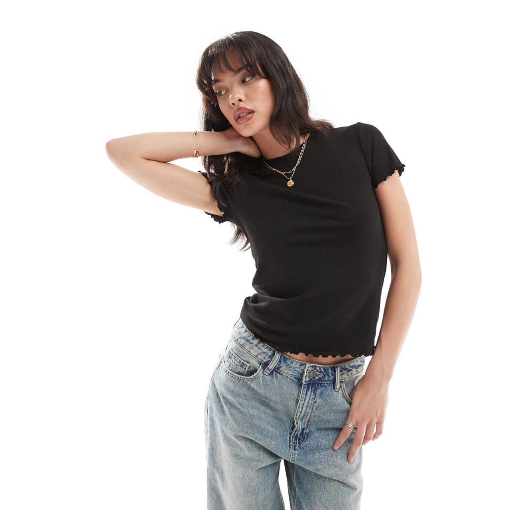 Áo thun gân tay ngắn cổ tròn viền lettuce S0junior xuất khẩu