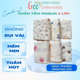 Set 2 KHĂN TẮM XÔ MUSLIN Gee 2 lớp mềm mại(có mix), thấm hút, an toàn, 100x100cm, 100% organic cotton, thân thiện với da