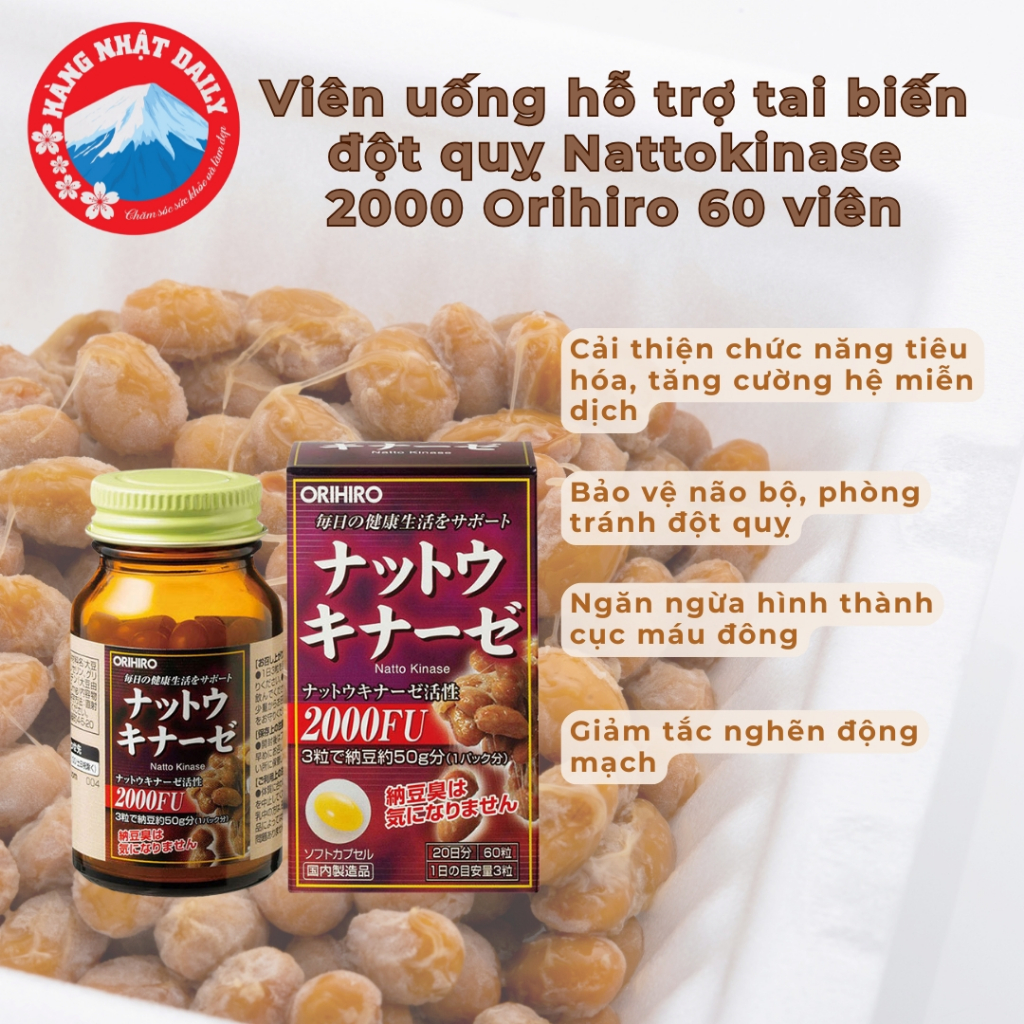 Viên uống hỗ trợ tai biến đột quỵ Nattokinase 2000 Orihiro 60 viên