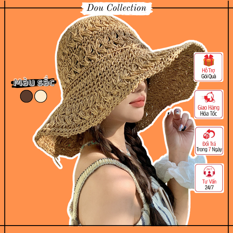 Nón Cói Unisex, Mũ Cói Vành Rộng Form Mềm Trơn Phối Sợi Đan Phong Cách Đi Biển Thời Trang Xuân Hè - 