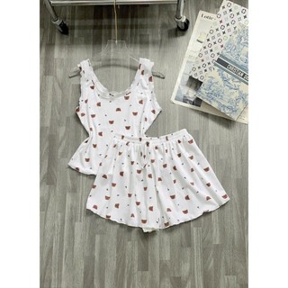 Sét đồ ngủ in hình áo ba lỗ sexxy thun co giãn, Bộ ngủ viền bèo họa tiết dễ thương lưng thun ống rộng nhiều màu