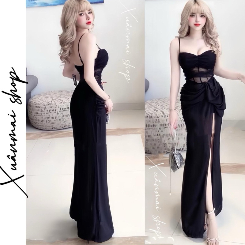 [Eo Lưới] Đầm 2 dây eo phối lưới xẻ tà đệm mút nhúm bụng đen đỏ Xuân Mai Shop