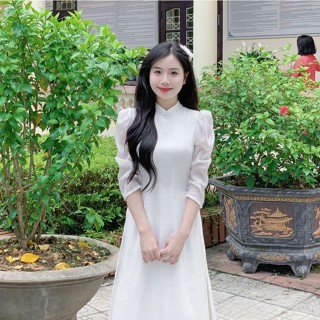 Áo Dài Trắng Tay Bồng Truyền Thống Nữ Học Sinh Kỷ Yếu 4 Tà Vải Lụa Mỹ Voan Tơ Đính Ngọc Hàng May Sẵn