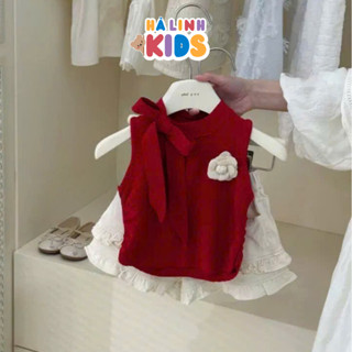 Set Váy Cho Bé Áo Sát Nách Đính Nơ Kèm Hoa Trà Phối Chân Váy Xếp Ly Siêu Sang