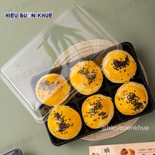 50 Hộp Nhựa Đế Đen Đựng Bánh Trung Thu, Mochi, Bánh Ngọt 6 Ngăn Lõi Vuông [530]