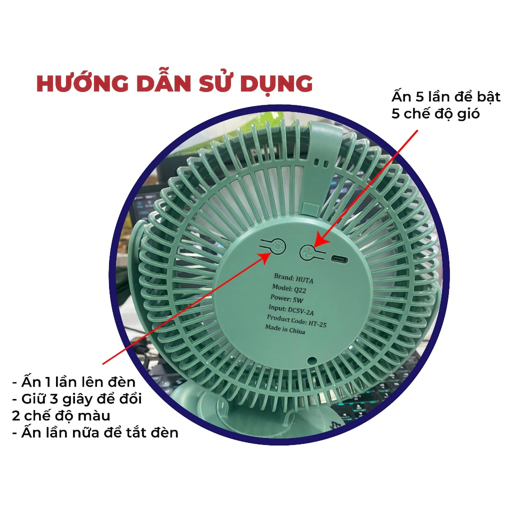 Quạt Tích Điện Kẹp Loại To HUTA Q22 Pin Trâu.Quạt Tích Điện Pin Khoẻ, Đèn RGB, Màn hình LED, Lồng Quạt 22Cm | BigBuy360 - bigbuy360.vn