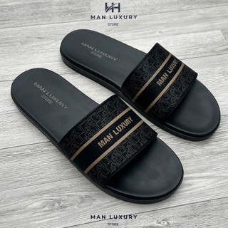  Khâu Đế  Dép Da nam Man quai ngang da sít nhăn đen Kép 2 lớp Cao Cấp Slipper Dép Lê Quai Ngang 