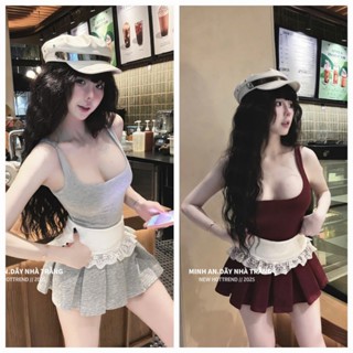  Set váy nữ thiết kế set áo ba lỗ phối chân váy xếp ly phối ren có lót quần 2 tone màu năng động cá tính đi chơi cafe 