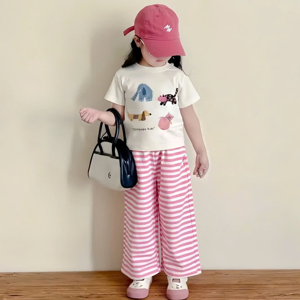 Set đồ bé gái áo thun hình thú + quần ống rộng sọc hồng dễ thương, phong cách Hàn Quốc