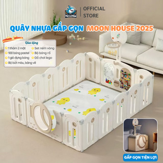 Quây Cũi Cho Bé Gấp Gọn New 2025, Quây Cũi Nhựa Moon House Kèm Cột Bóng, Ghép Hình, Thảm, Bóng,Giỏ Bóng Nhựa Nguyên Sinh