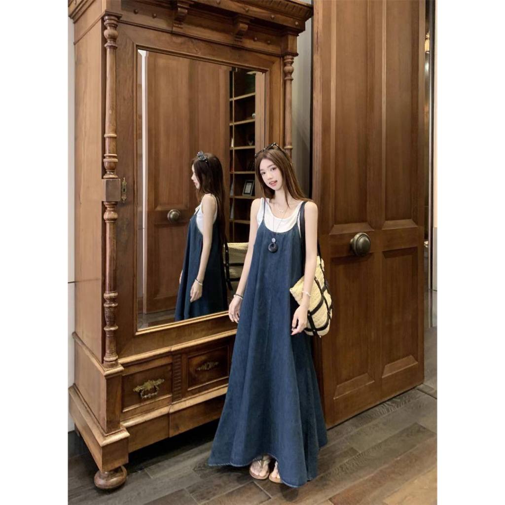 [Sẵn] Yếm Bò Jean Nữ Denim, Đầm Váy Maxi Bò 2 Hai Dây Dáng Suông Dài Xòe Đi Biển Có Bigsize Mùa Hè Nữ Chali SD901