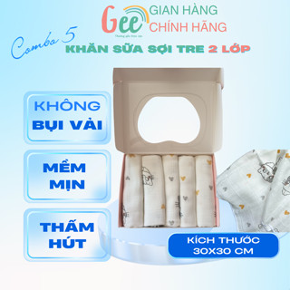 Khăn sữa sợi tre Gee, set 5 khăn xô họa tiết mèo nhí nhảnh, mềm mịn, thấm hút, kháng khuẩn, kích thước 30x30cm