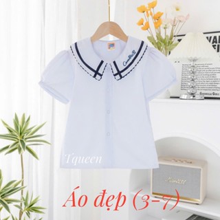 Áo sơ mi trắng cổ sen tay phồng viền họa tiết nữ học sinh đồng phục học sinh bé gái cấp 1, tiểu học
