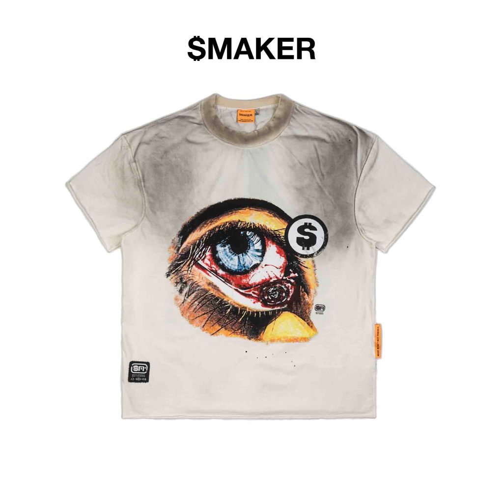 [SMAKER] Áo thun 100% cotton washed hình mắt màu trắng - THE EYE SHORT SLEEVES WASHED TEE IN WHITE