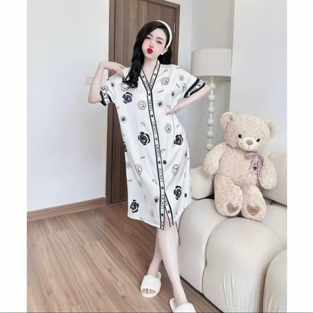 Đầm ngủ sơ mi Hisexy cổ chữ y Pijama sơ mi form suông Lụa Latin Cao cấp SM24 | BigBuy360 - bigbuy360.vn