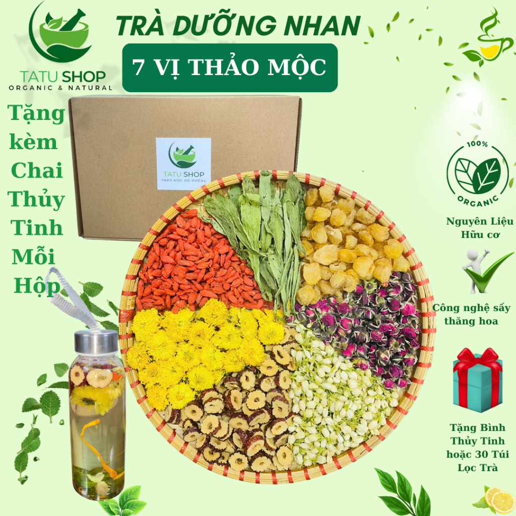 Trà Dưỡng Nhan 7 Vị Thảo Mộc (Hộp 40 Gói tặng 10 gói) hoặcĐẹp Da, Mát Gan, Thanh Nhiệt, Dễ Ngủ