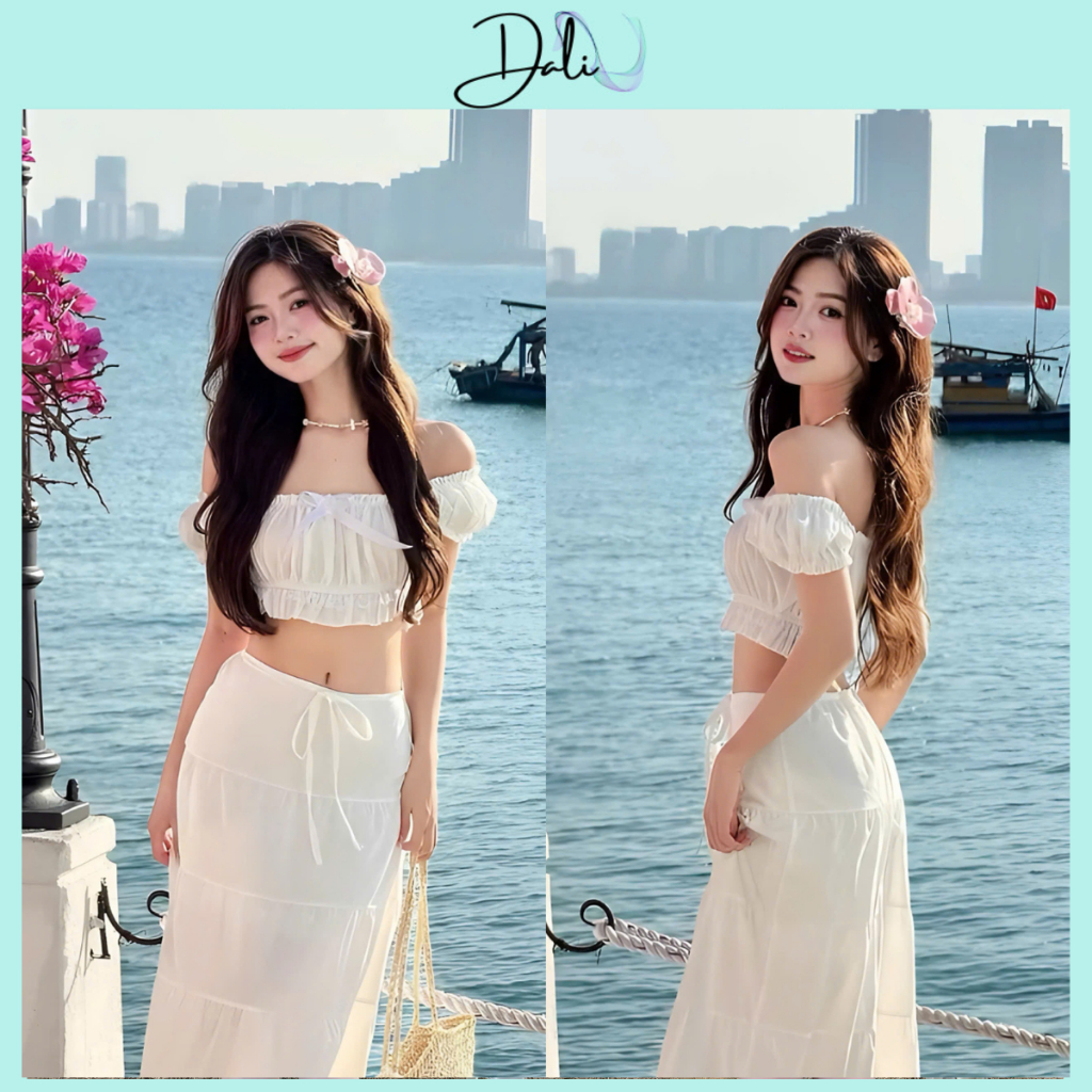 Set Váy Đi Biển Gồm Áo Croptop Đính Nơ Xinh Có Sẵn Mút Nguc + Chân Váy Maxi 2 Lớp Phối Viền Ren | BigBuy360 - bigbuy360.vn