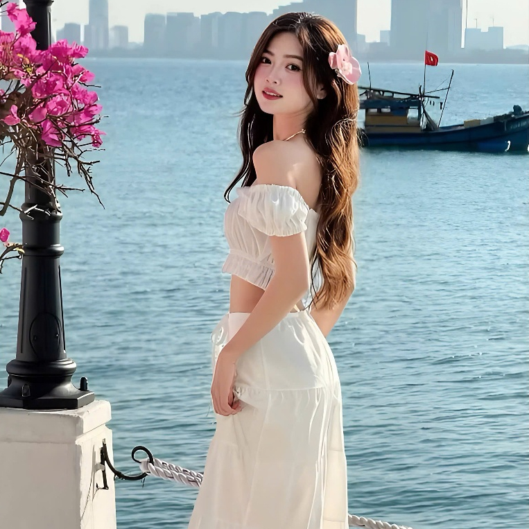Set Váy Đi Biển Gồm Áo Croptop Đính Nơ Xinh Có Sẵn Mút Nguc + Chân Váy Maxi 2 Lớp Phối Viền Ren | BigBuy360 - bigbuy360.vn
