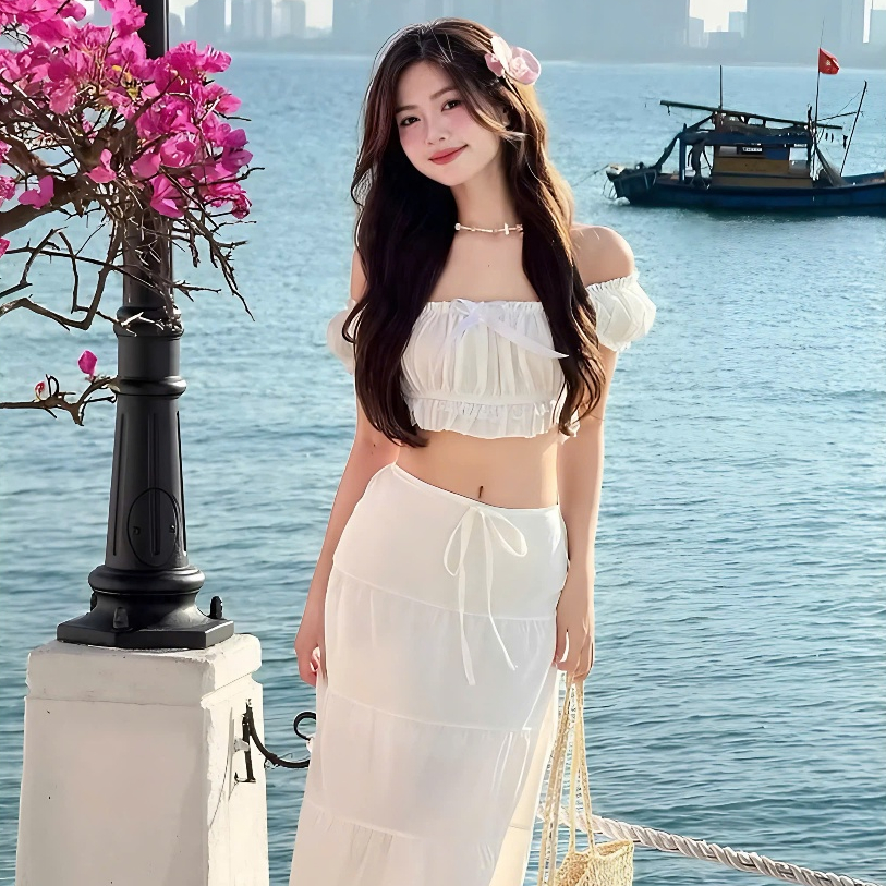 Set Váy Đi Biển Gồm Áo Croptop Đính Nơ Xinh Có Sẵn Mút Nguc + Chân Váy Maxi 2 Lớp Phối Viền Ren | BigBuy360 - bigbuy360.vn