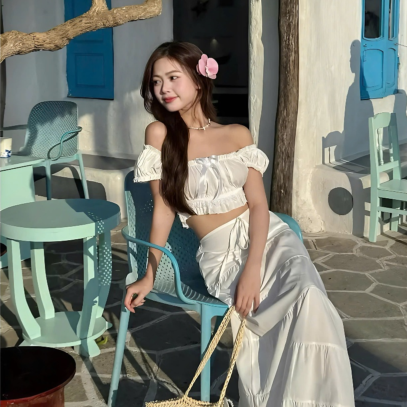 Set Váy Đi Biển Gồm Áo Croptop Đính Nơ Xinh Có Sẵn Mút Nguc + Chân Váy Maxi 2 Lớp Phối Viền Ren | BigBuy360 - bigbuy360.vn