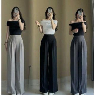  Quần Tây Ống Suông Cạp Liền Chất Gold Nhật Mềm Mịn Rũ Lưng Cao Khóa Bên Sườn Tôn Eo Dáng 