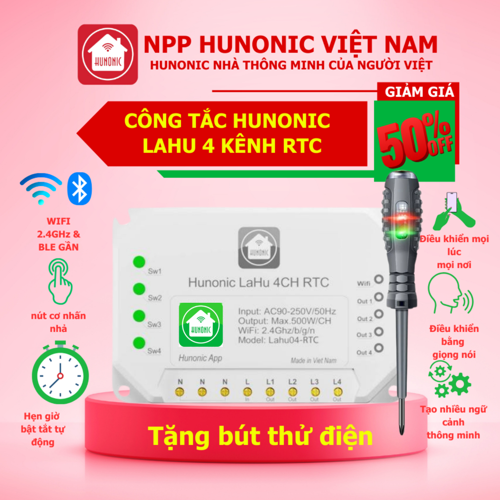 Công Tắc Wifi Hunonic Lahu 4 RTC Tích Hợp IC Thời Gian Thực Cài Đặt Bật Tắt Không Cần Internet