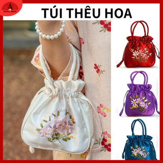  Túi dây rút túi thêu hoa có dây dút cầm tay vải lụa nhẹ nhàng sang trọng phong cách hanfu Trung Hoa 