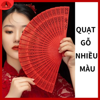  Quạt xếp tone đỏ đen quạt cổ trang phong cách Trung hoa phụ kiện chụp cosplay áo dài 