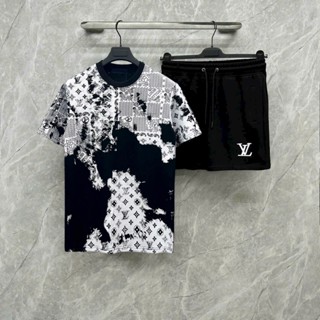 Bộ Quần Áo Thể Thao Nam LV loang trắng đen bộ quần áo nam cổ tròn tay ngắn túi khóa (size 35-85kg) chất thun lạnh co dãn