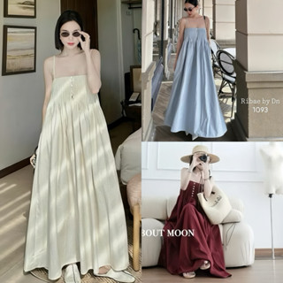 Váy maxi 2 dây xếp li ngực đính cúc xà cừ form suông chất liệu mềm mát đi chơi du lịch