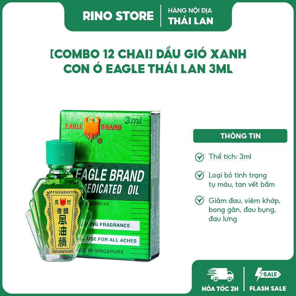 [Combo 12 chai] Dầu gió xanh con ó Eagle Thái Lan 3ml - Giảm đau, giữ ấm, thư giãn - RINO STORE