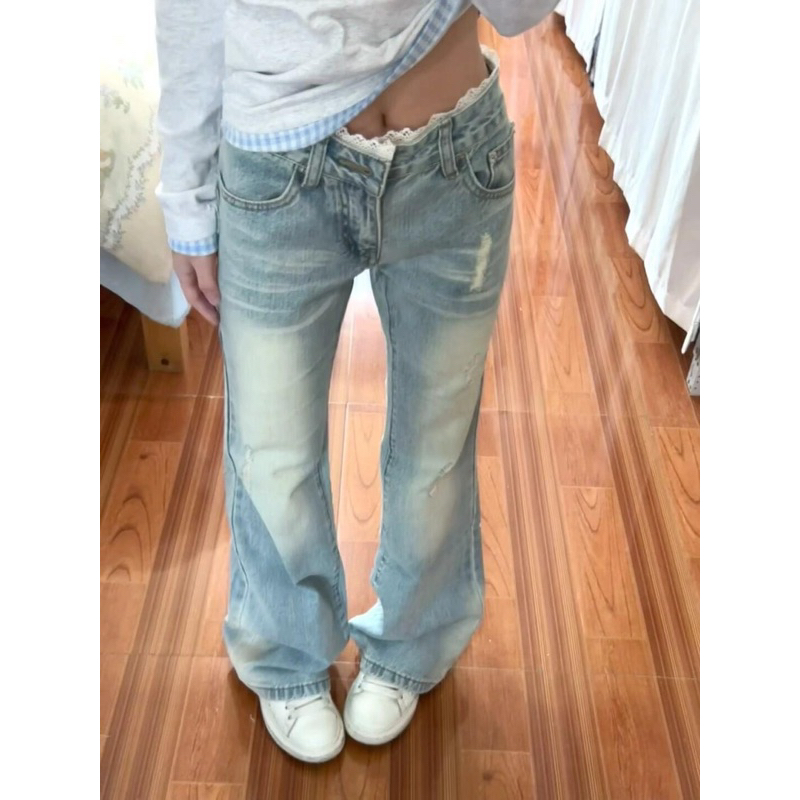 𝐘𝐮𝐫𝐢.𝐬𝐭𝐨𝐫𝐞 Quần Jeans Ống Loe Mix Ren Cá Tính