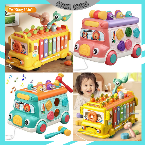 Đồ chơi xe buýt montessori đa năng, xe bus đa năng có nhạc đèn, xe đập chuột nhiều chức năng cho bé 