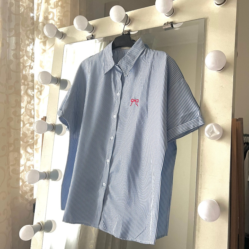 Áo sơ mi tay ngắn thêu nơ xinh phong cách basic áo sơ mi form rộng chất kate sọc mát ít nhăn HA90 | BigBuy360 - bigbuy360.vn