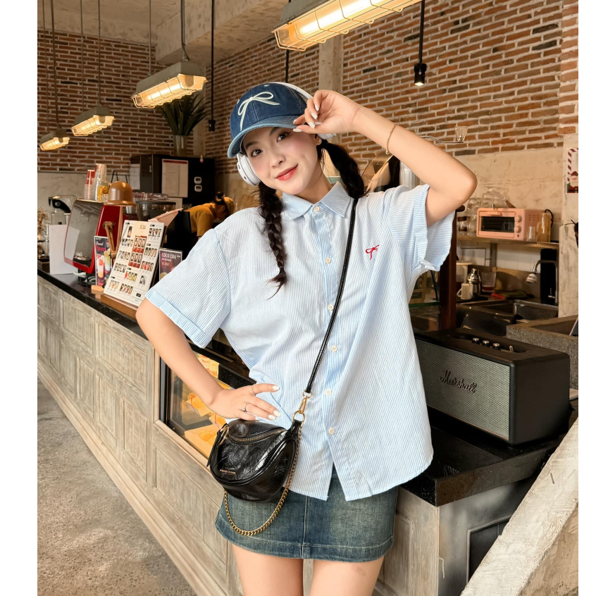 Áo sơ mi tay ngắn thêu nơ xinh phong cách basic áo sơ mi form rộng chất kate sọc mát ít nhăn HA90 | BigBuy360 - bigbuy360.vn