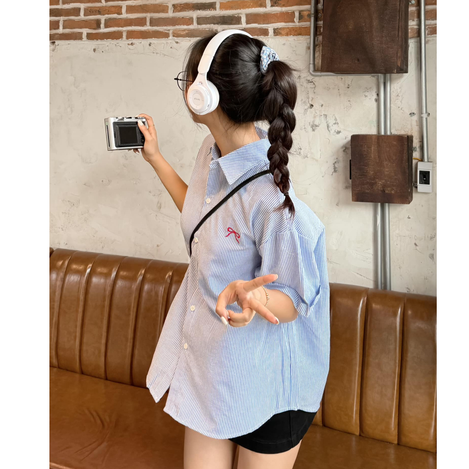 Áo sơ mi tay ngắn thêu nơ xinh phong cách basic áo sơ mi form rộng chất kate sọc mát ít nhăn HA90 | BigBuy360 - bigbuy360.vn