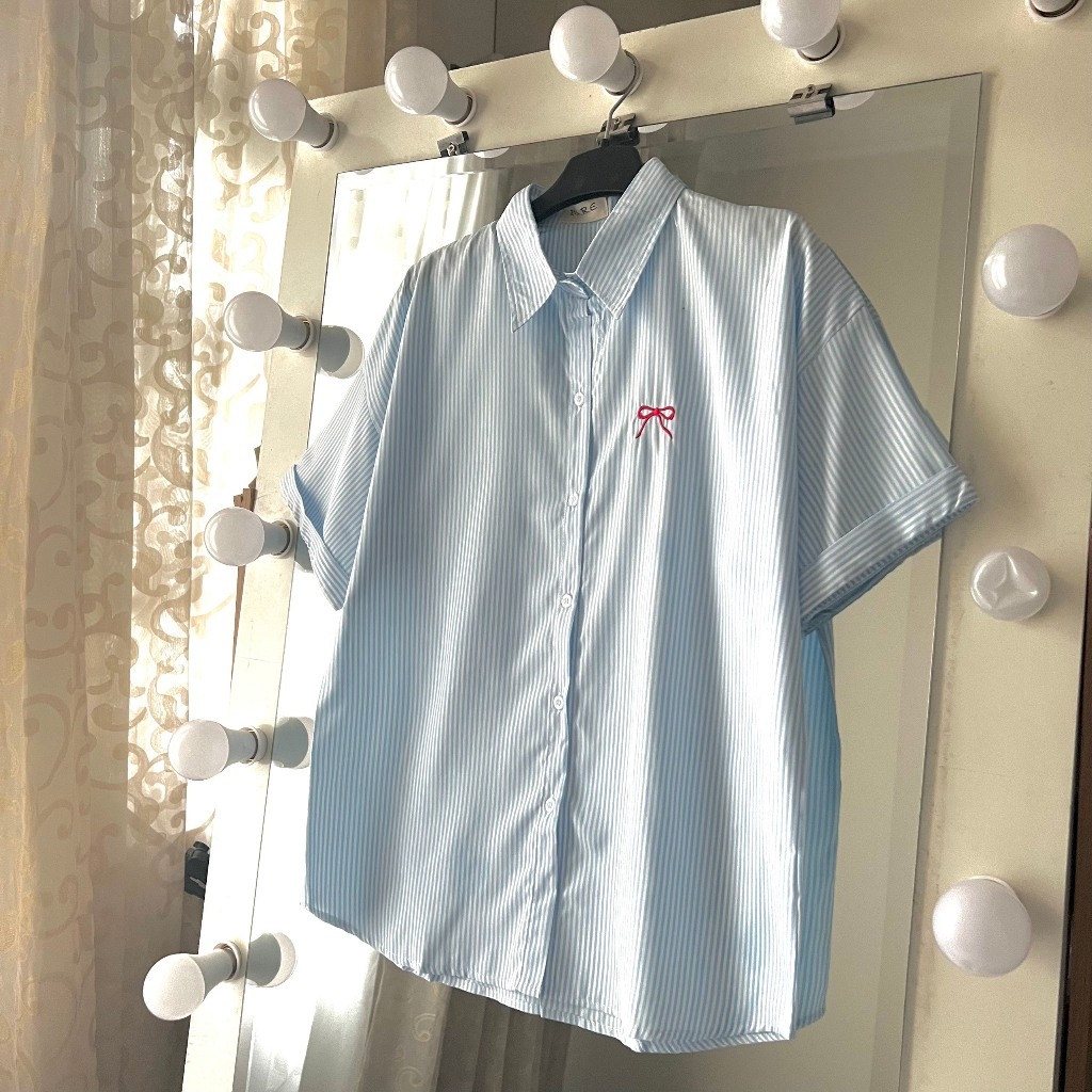 Áo sơ mi tay ngắn thêu nơ xinh phong cách basic áo sơ mi form rộng chất kate sọc mát ít nhăn HA90 | BigBuy360 - bigbuy360.vn