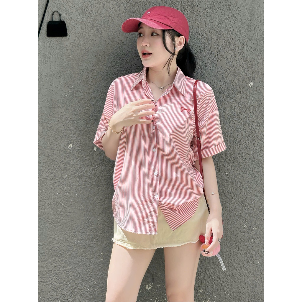 Áo sơ mi tay ngắn thêu nơ xinh phong cách basic áo sơ mi form rộng chất kate sọc mát ít nhăn HA90 | BigBuy360 - bigbuy360.vn
