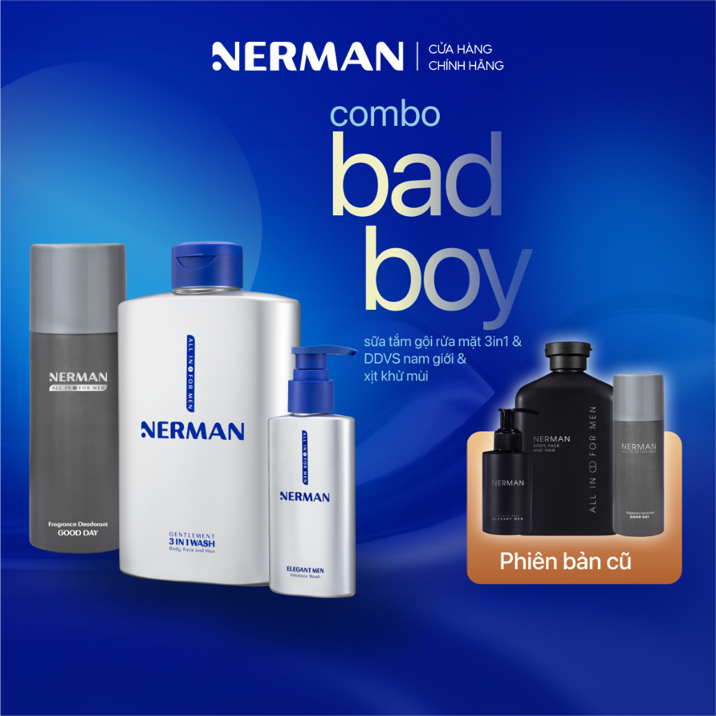 Combo Badboy Nerman - Sữa tắm gội cho nam 350ml & Gel vệ sinh 60S Fresh 100ml & Xịt khử mùi toàn thâ