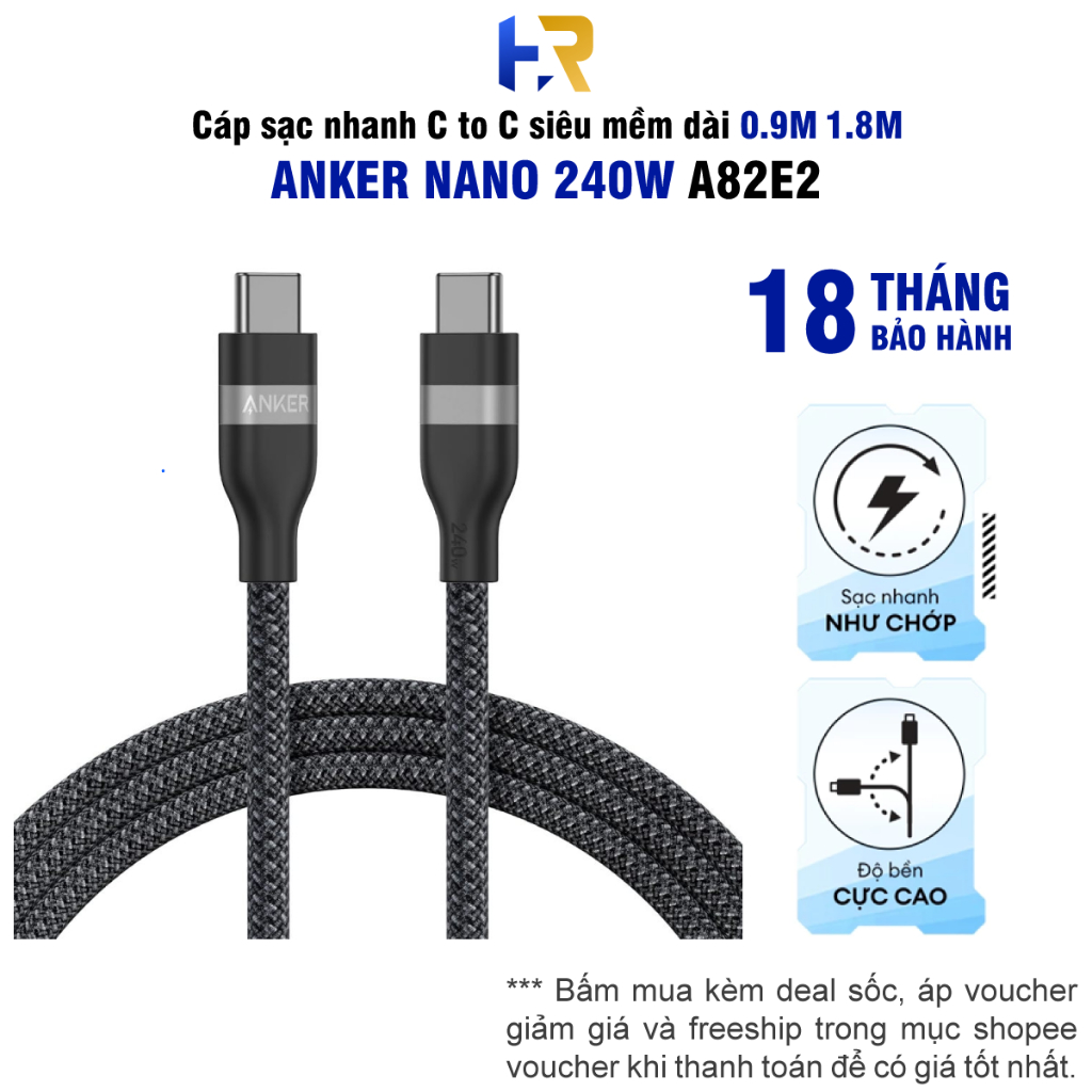 Cáp Sạc Nhanh Anker Nano A82E2 | Cáp C to C 240W | Siêu Mềm Uốn Cong 30000 Lần