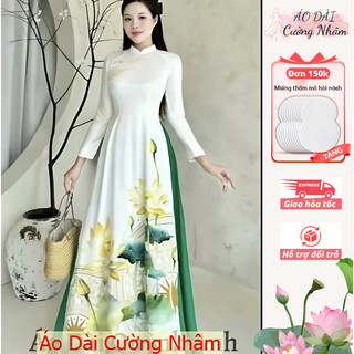 Áo Dài Trắng Truyền Thống Họa Tiết Sen 5D Lụa hàn nhật Cổ 2,5 Phân Độ Co Giãn Tốt Đủ Size S/M/L/XL/2XL/3XL/4XL/5XL
