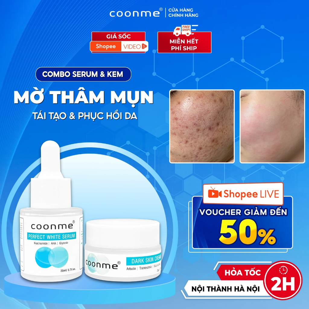 Combo mờ thâm chuyên sâu Coonme Serum Perfect White Serum 20ml + Kem Dark Skin Cream 20g