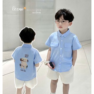 Áo sơ mi cộc Beemo phối túi ngực in hình gấu vải thô hàn thoáng mát cho bé trai từ 9-24kg 5077AHB