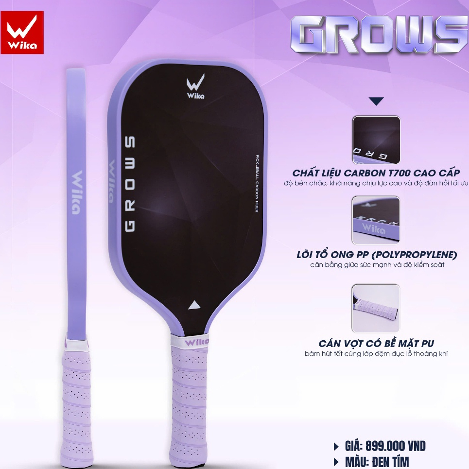 Vợt Pickleball Wika Grows chính hãng, Siêu nhẹ, Carbon T700 cao cấp,Lõi tổ ong PP (Polypropylene)