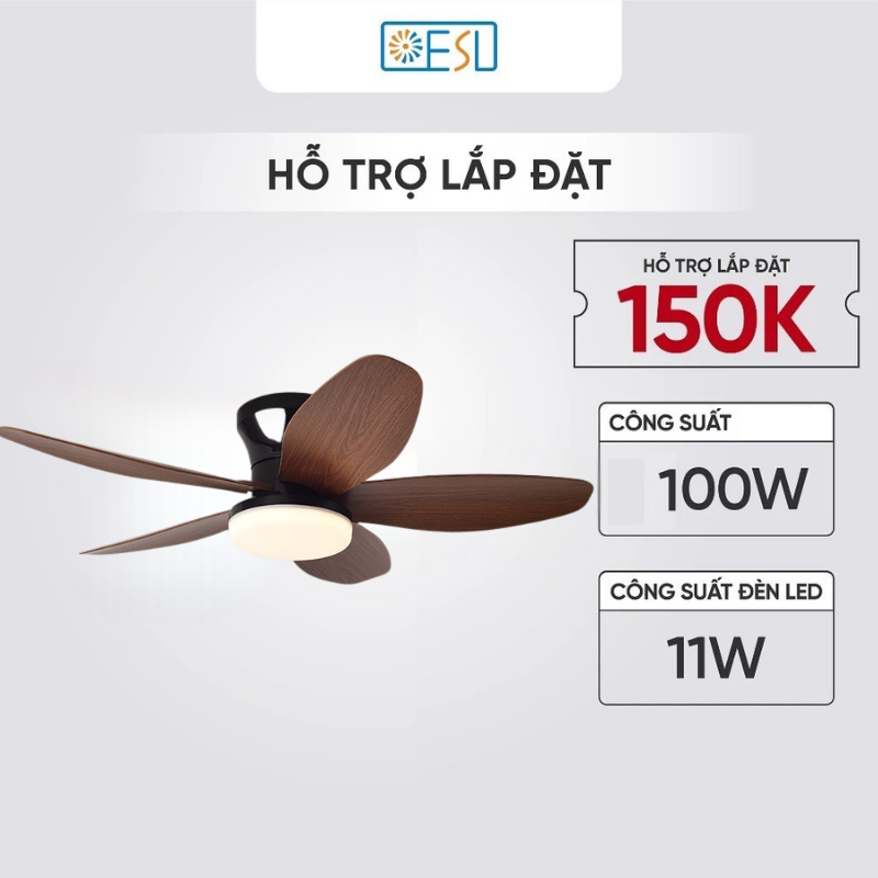 Quạt Trần Phòng Ngủ 5 Cánh ESU Cánh Điều Khiển 6 Cấp Độ Gió, 3 Chế Độ Ánh Sáng