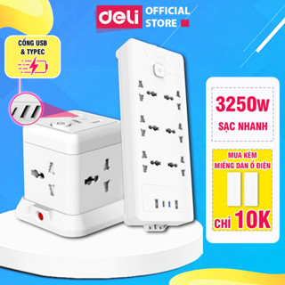 Ổ Cắm Điện Vuông Tháp DELI Sạc Nhanh USBTypeC 20W Cầu Chì Tự Ngắt CSuất 2500-3250W Cổng Chống Giật