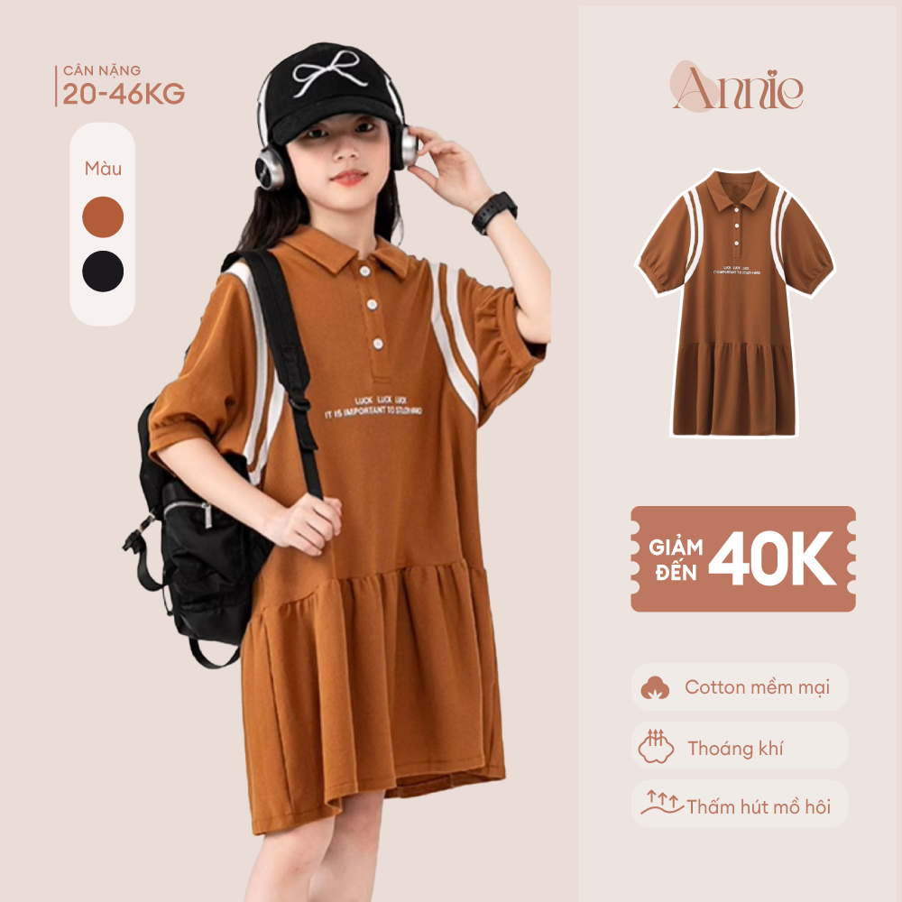 Váy bé gái size đại 50kg Annie Baby Đầm polo dáng suông chất cotton thoáng mát mùa hè Va25005