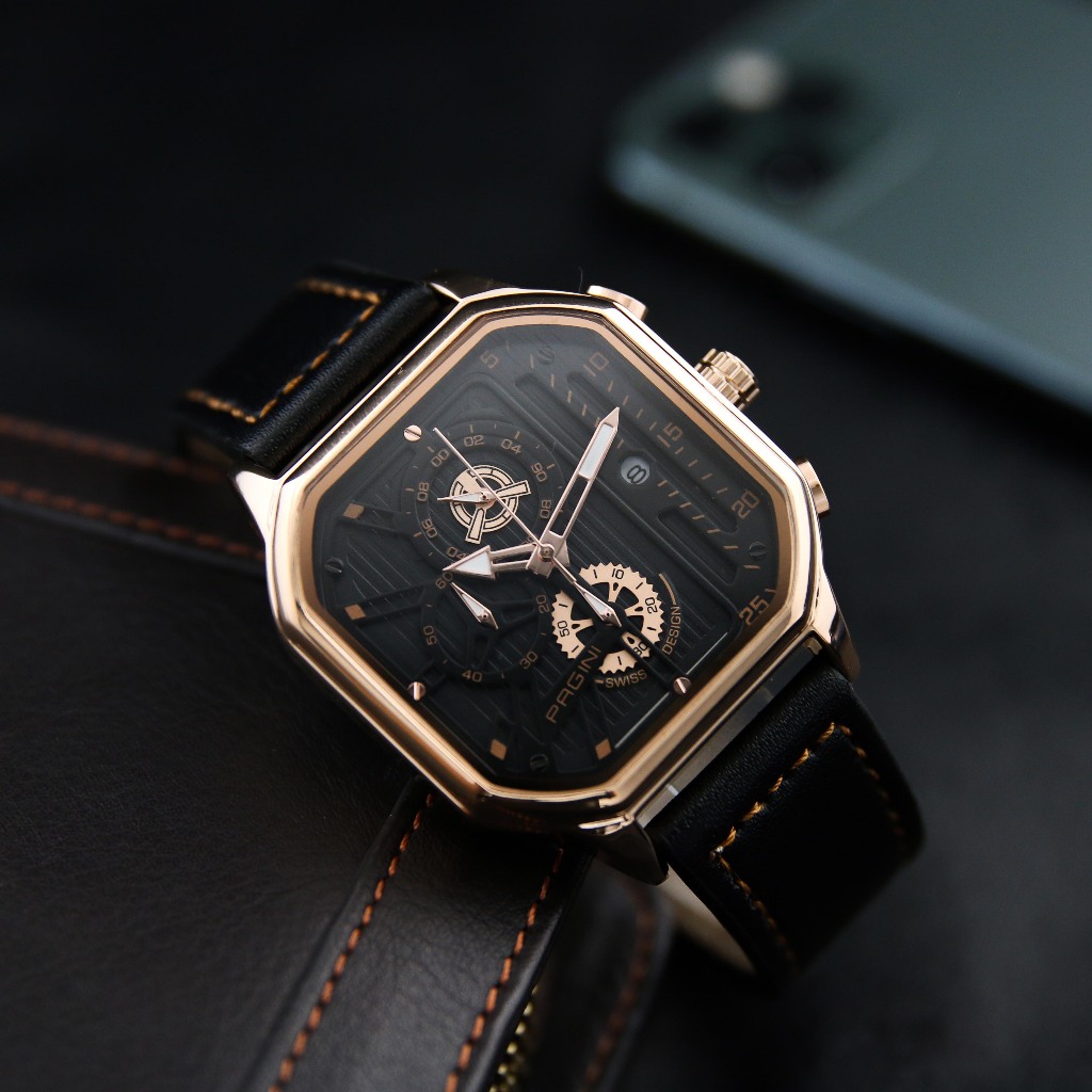 Đồng Hồ Nam Pagini Mặt Vuông Dây Da Hàng FulBox - Thiết Kế Độc Đáo - Bảo Hành 12 Tháng